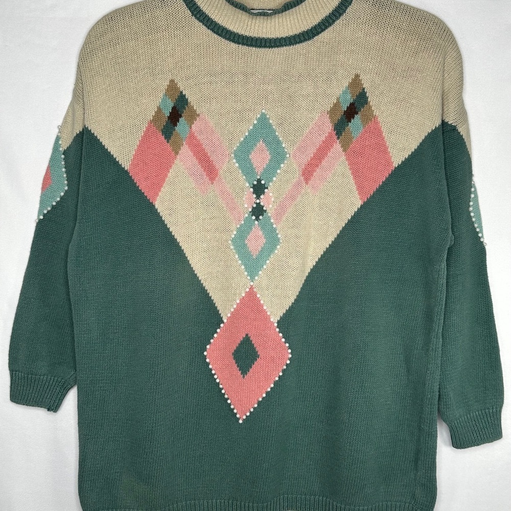 Vintage Maggie Lawrence Diamond Patterned Cowl Neck Sweater Cream Pink Sz 18/20